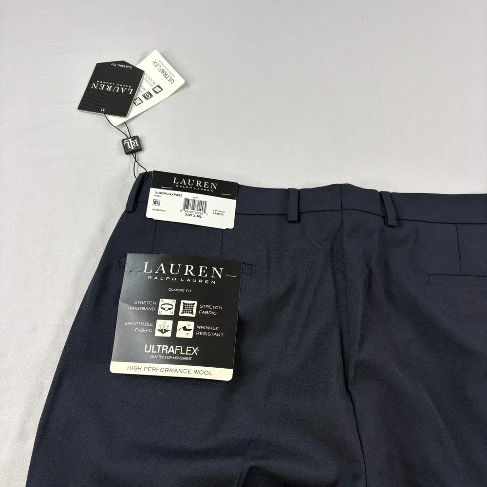 Lauren Ralph Lauren Dress Pants Men 34x30 Blue High Performance Wool Pleated NEW